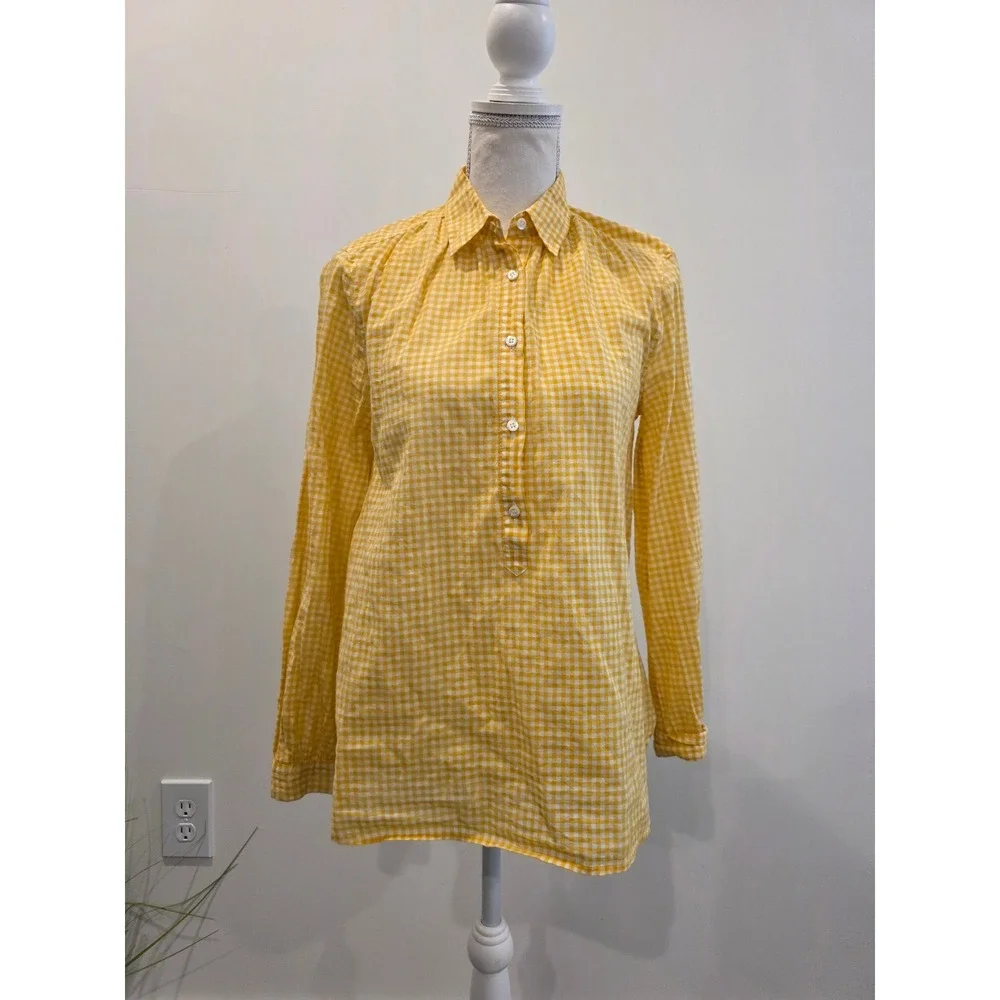 J. Crew Gathered Popover Women's Size 2 Yellow White Micro-Gingham Shirt